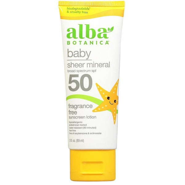 Alba Botanica Baby Sheer Mineral SPF50 Fragrance Free Sunscreen Lotion 89ml