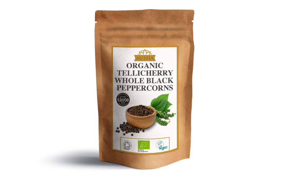 Ausha Organic Tellicherry Black Peppercorns 100g