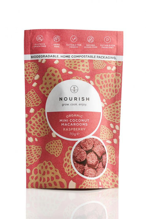 Nourish Organic Mini Coconut Macaroons Raspberry 10 x 110g CASE